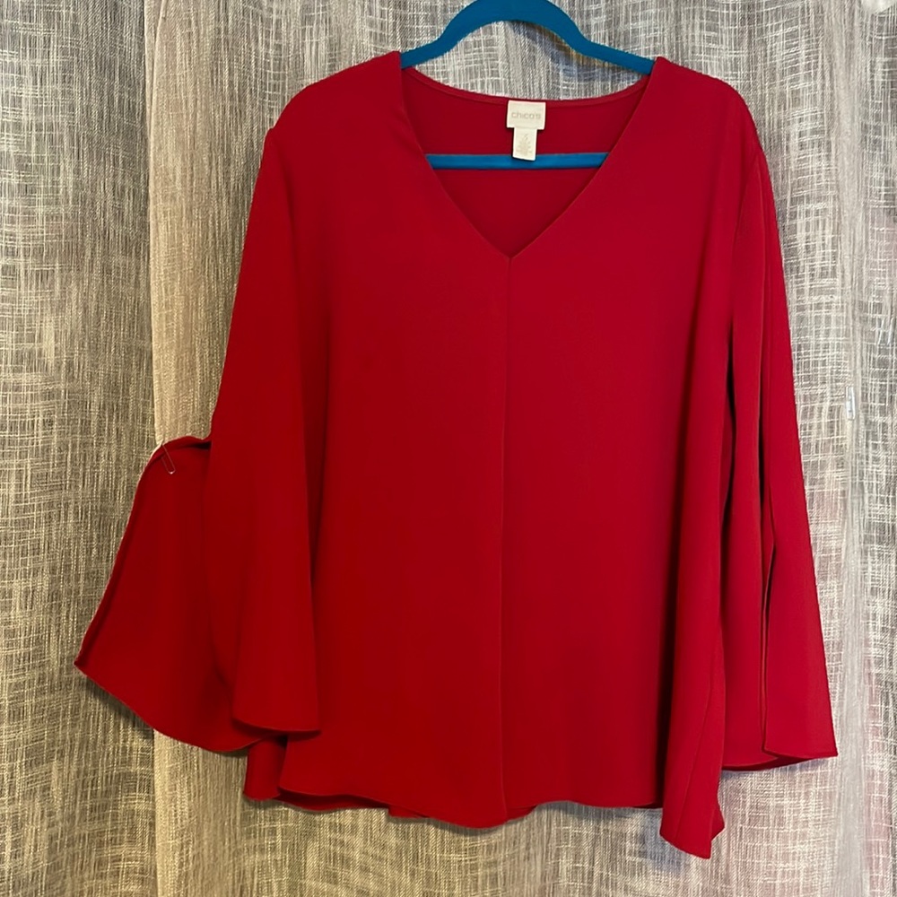 Chicos red blouse with long solit end sleeves